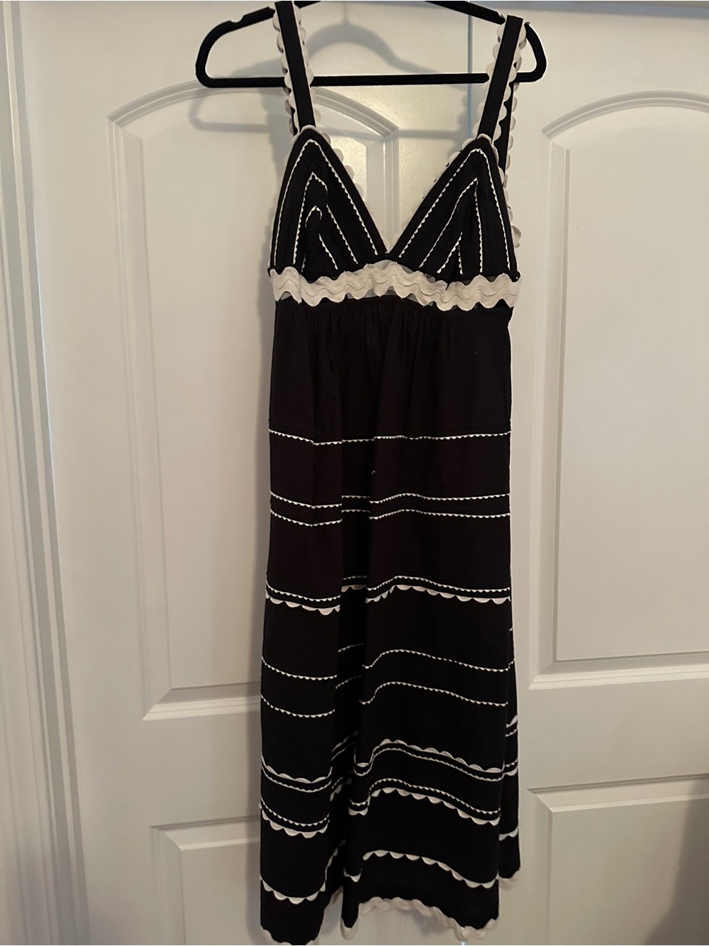 Sea New York Black and White Tiered Midi Dress with Scallop Trim
